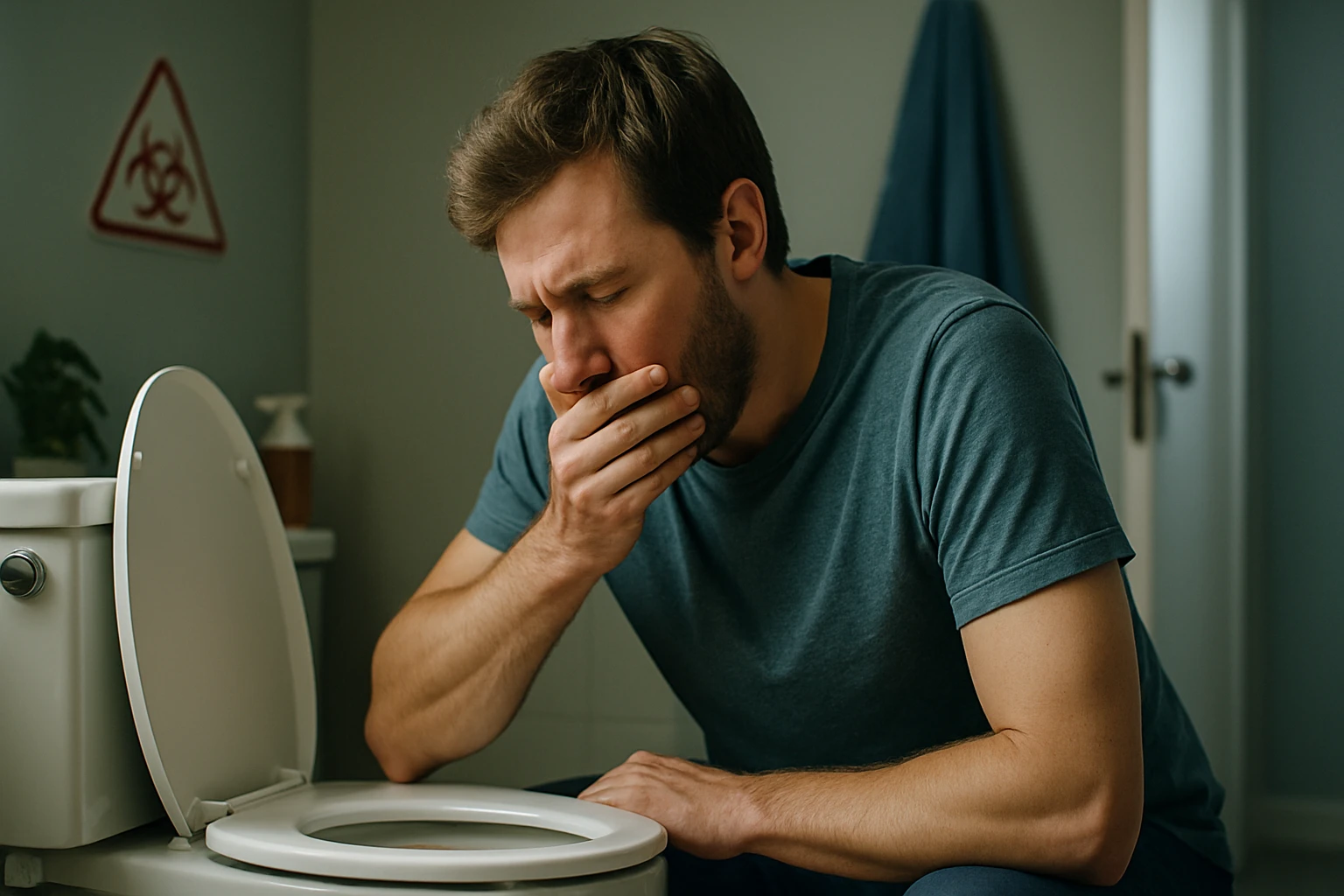 Egy férfi hányingerrel küzd, a WC-n ülve, kezét az arcán tartva.
