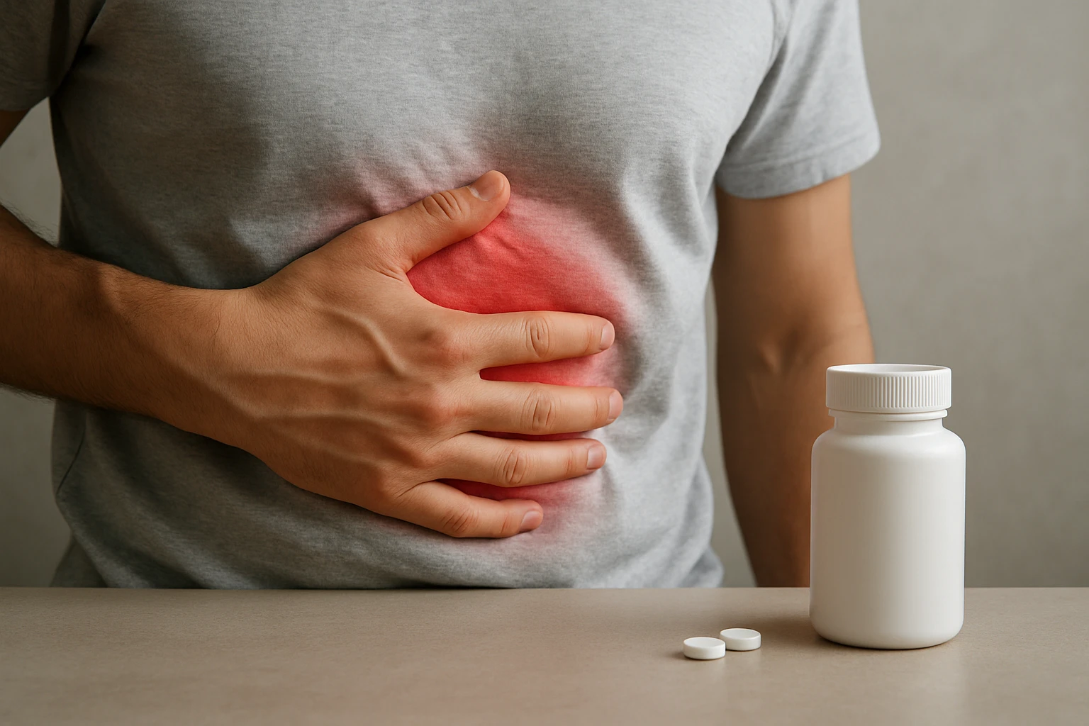 Egy férfi fájdalmasan fogja a hasát, mellette gyógyszerek találhatók.
