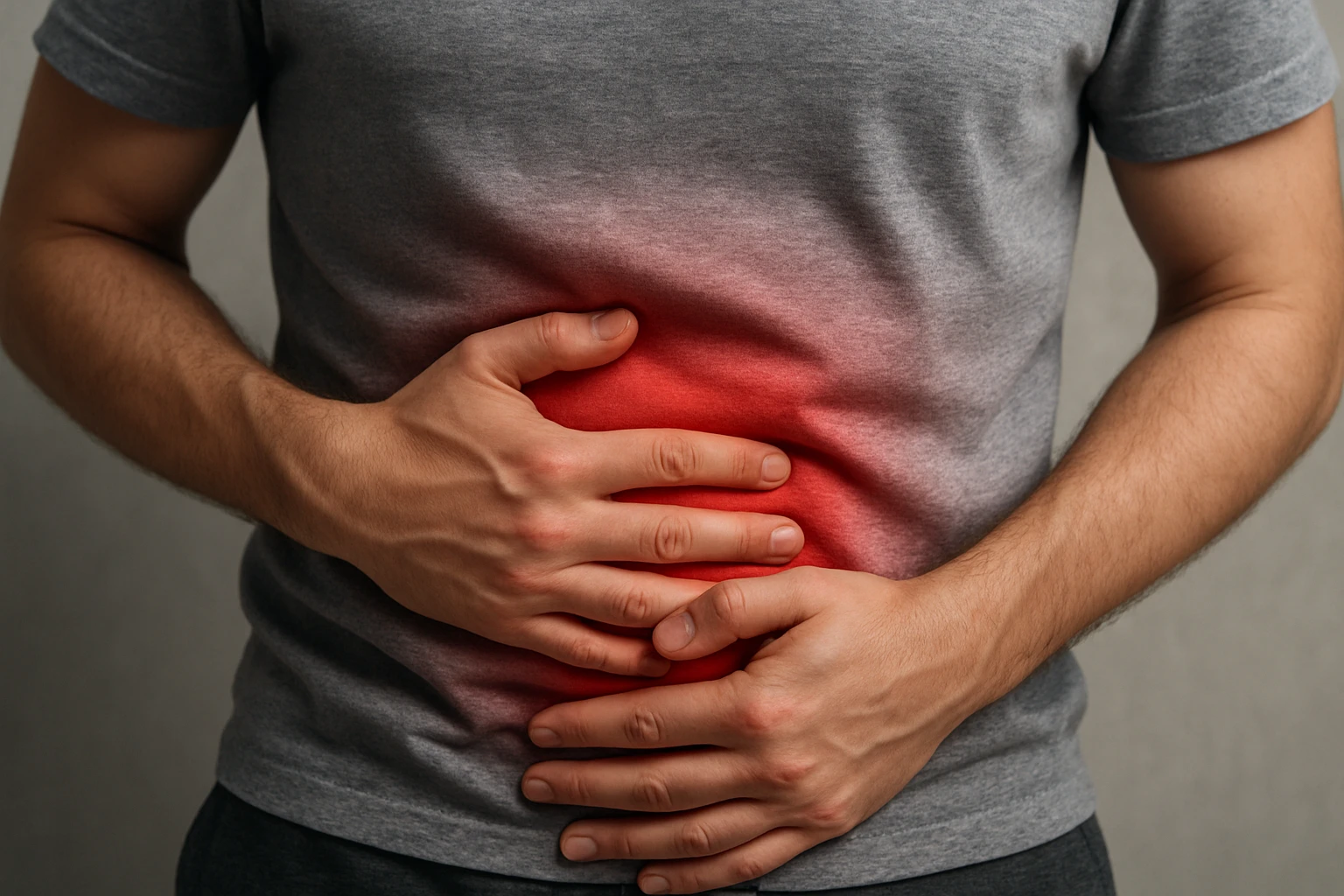 Egy férfi a hasát fogja, jelezve a fájdalmat vagy diszkomfortot.