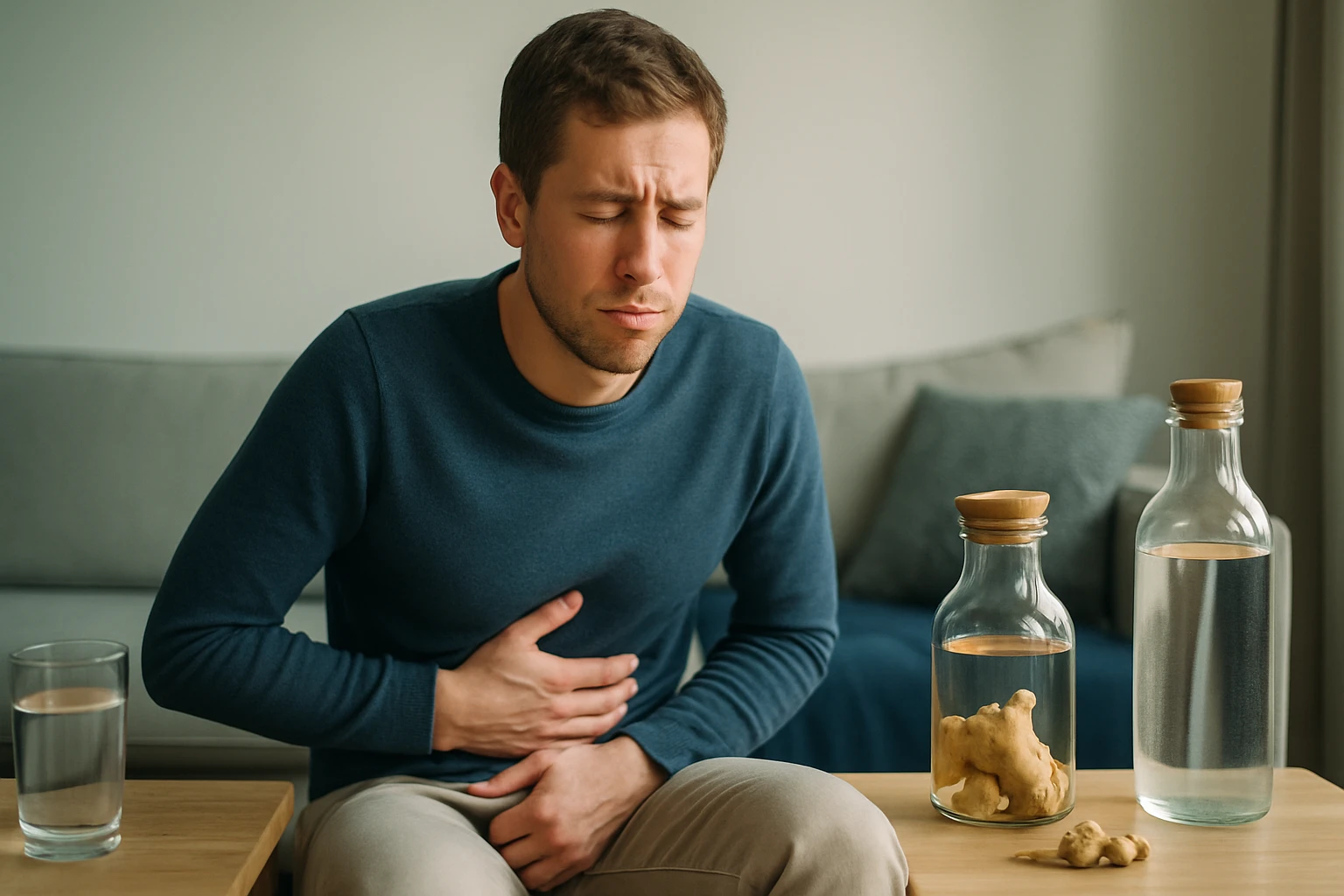 Férfi hasi fájdalommal ül, mellette gyömbér és víz található.