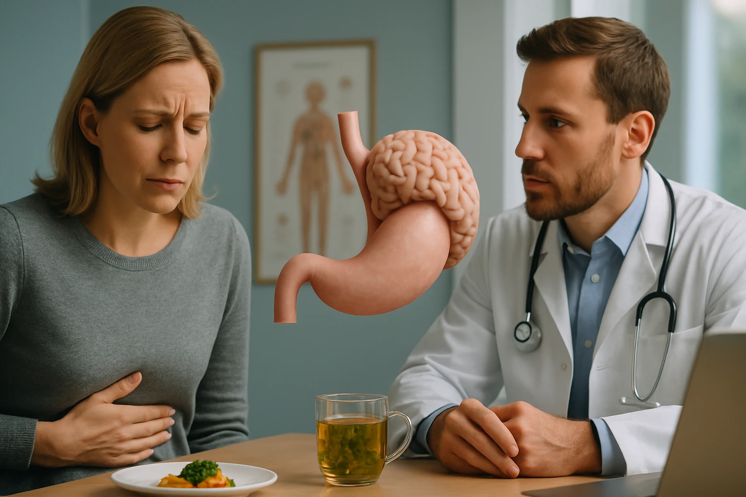 Egy nő hasi fájdalommal küzd, miközben orvosa tanácsot ad neki.