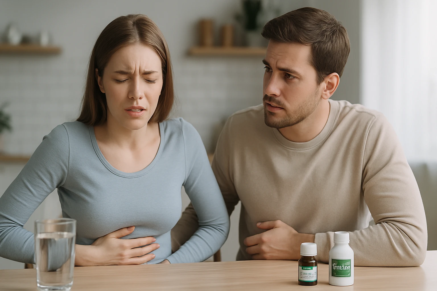 Egy nő hasi fájdalommal küzd, míg egy férfi aggódva figyeli őt.