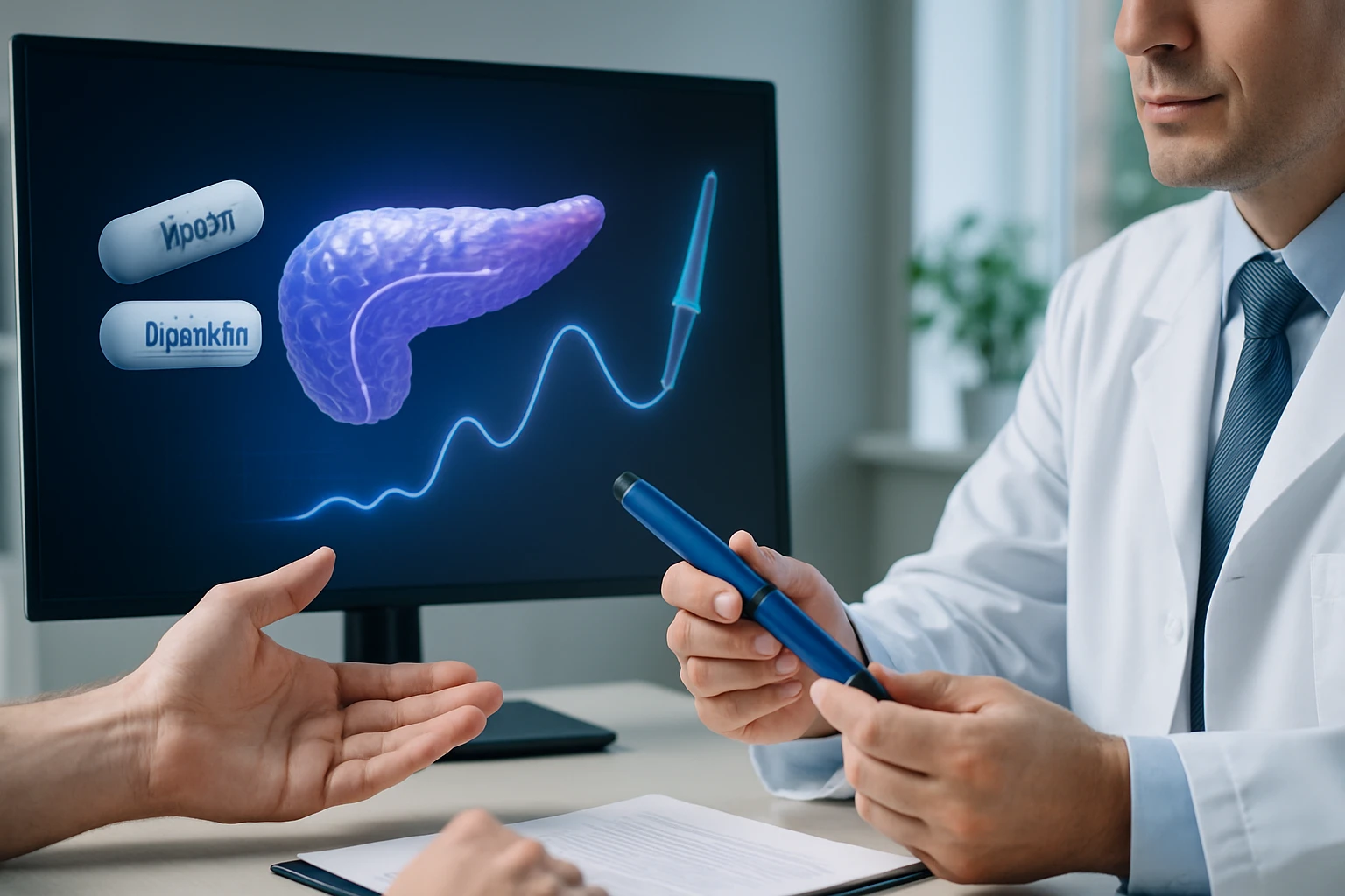 Orvosi konzultáció során a páciens a hasnyálmirigyről és gyógyszerekről beszél.