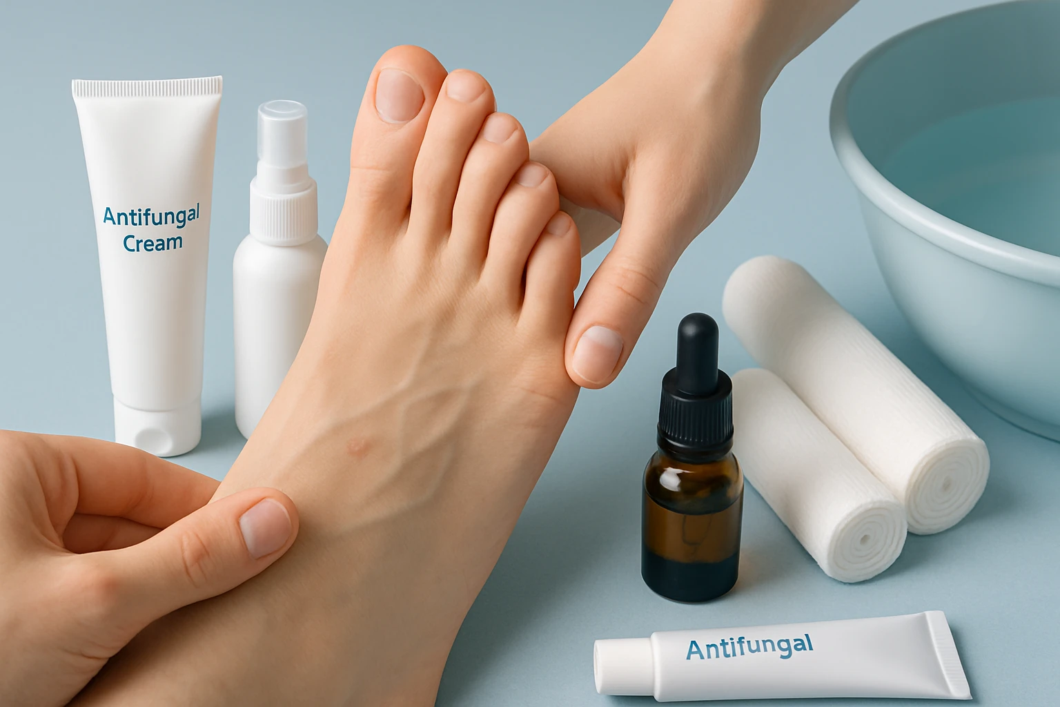 Egy kéz antifungális krémet alkalmaz a lábujjak között, körülötte kezelési termékek.