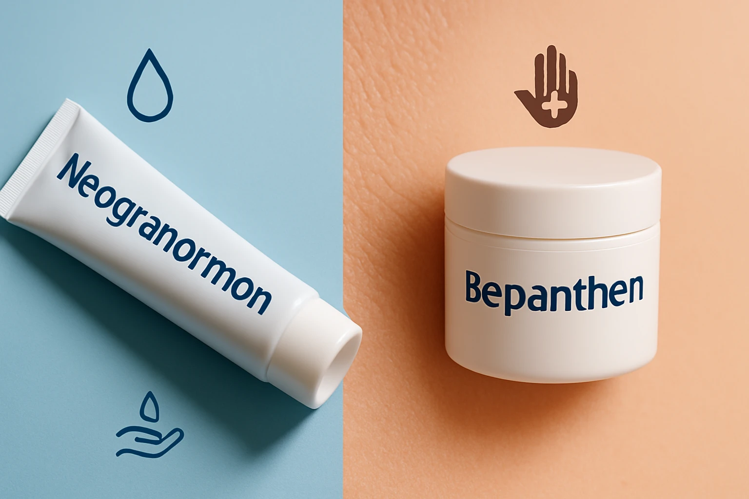 Két különböző bőrápoló termék, Neogranormon és Bepanthen, világos háttéren.