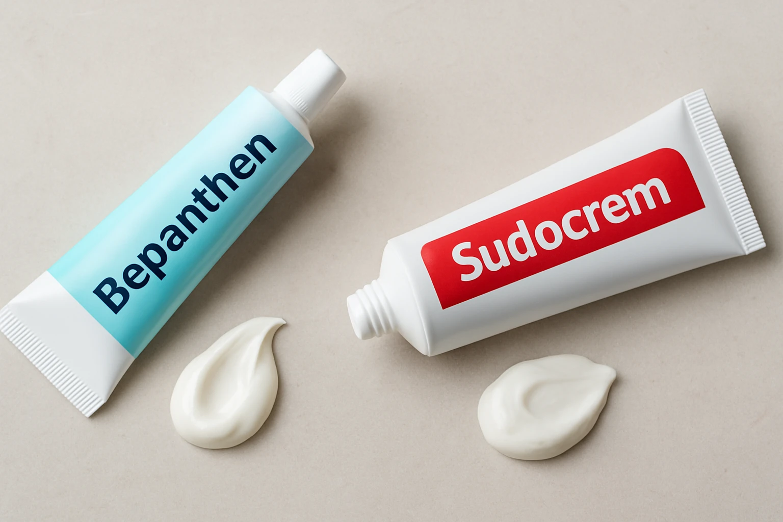 Két különböző krémcső, Bepanthen és Sudocrem, fehér krémmel a háttérben.
