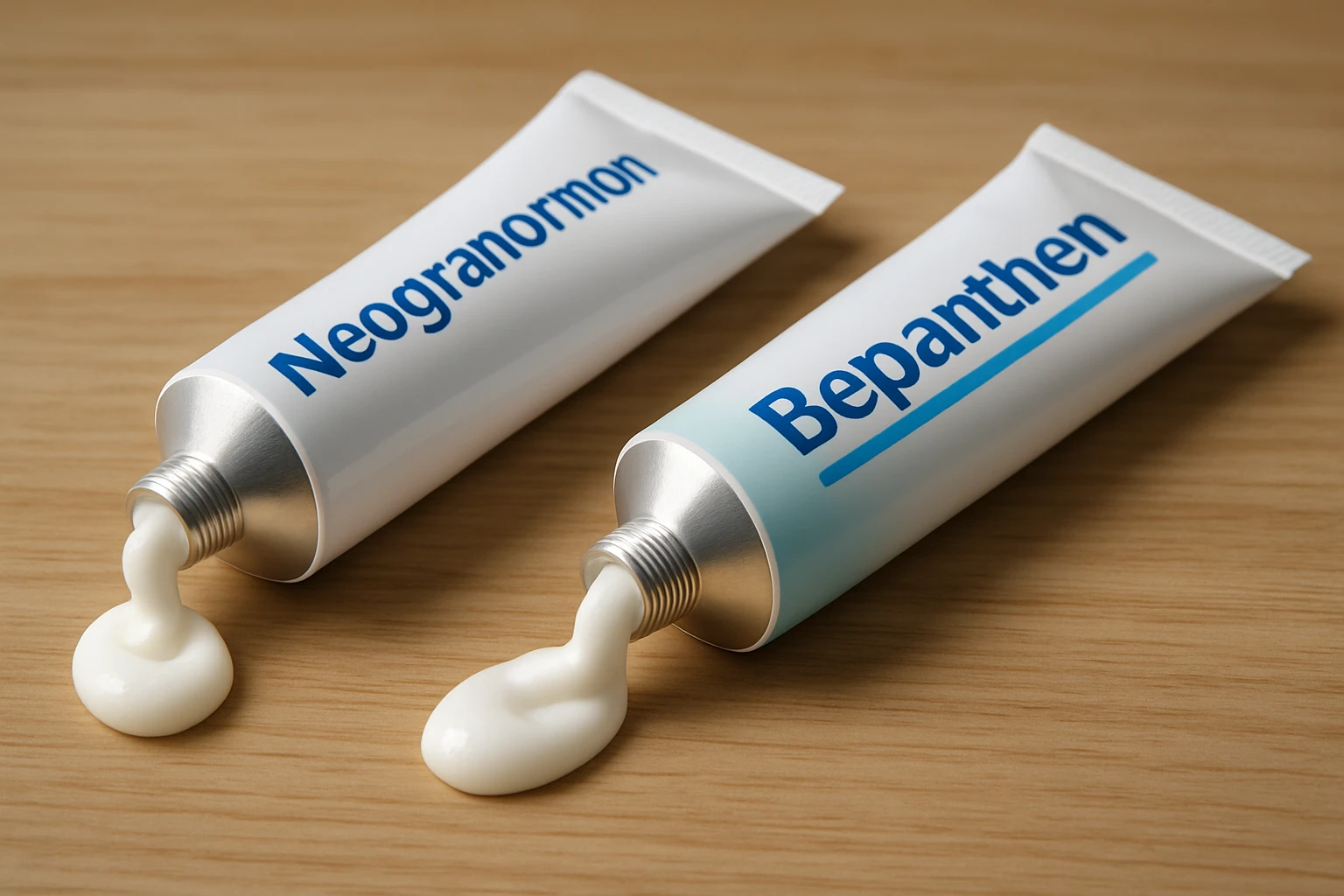 Két tubus krém, Neogranormon és Bepanthen, fehér asztalon.