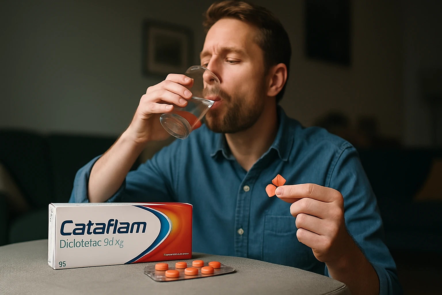 Egy férfi vízzel és Cataflam tablettával kezdi a fájdalomcsillapítást.