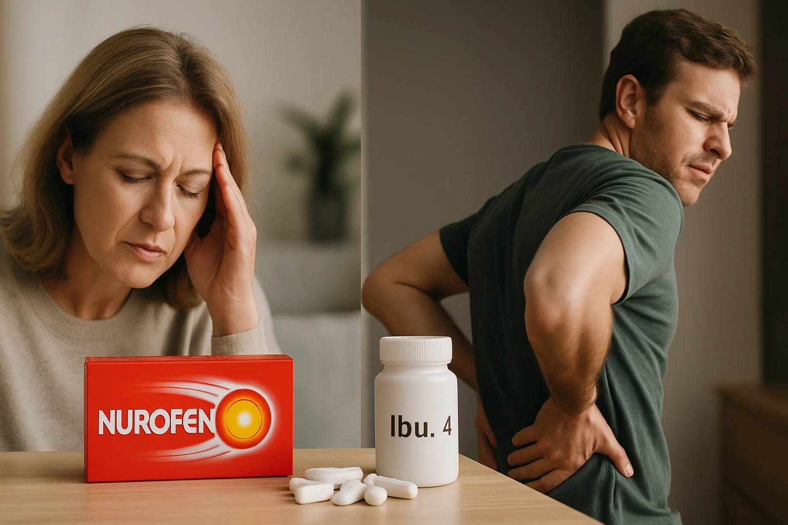 Egy nő fejfájással küzd, míg egy férfi derékfájásra panaszkodik, gyógyszerekkel a közelben.