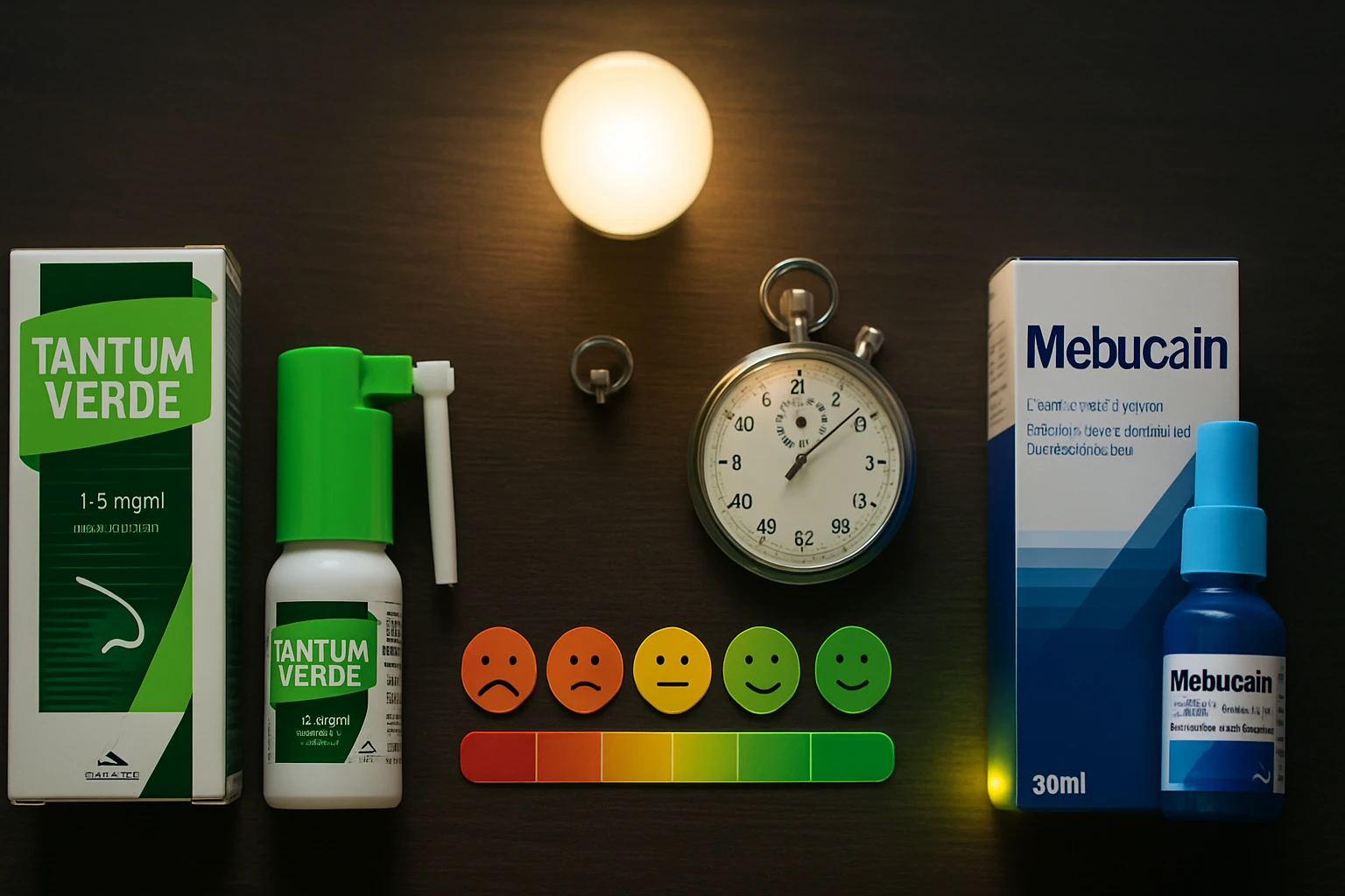 Két gyógyszer, Tantum Verde és Mebucain, valamint egy időmérő és hangulatjelzők egy asztalon.