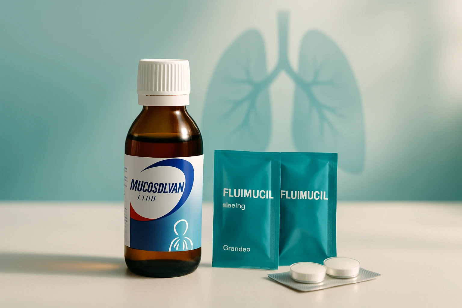 Egy Mucosdilvan köhögéscsillapító és Flumicil gyógyszerek láthatók egy asztalon.