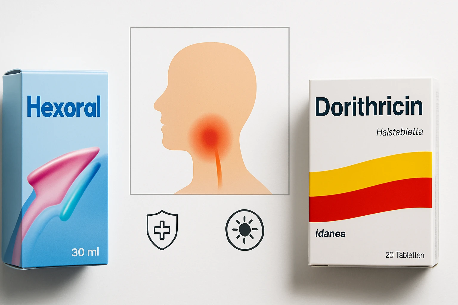 Két gyógyszer doboza, Hexoral és Dorithricin, torokfájás kezelésére.