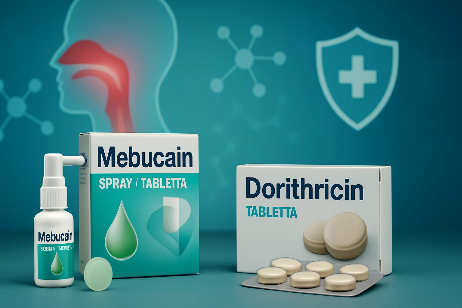 Mebucain spray és Dorithricin tabletta, torokfájás kezelésére szolgáló gyógyszerek.