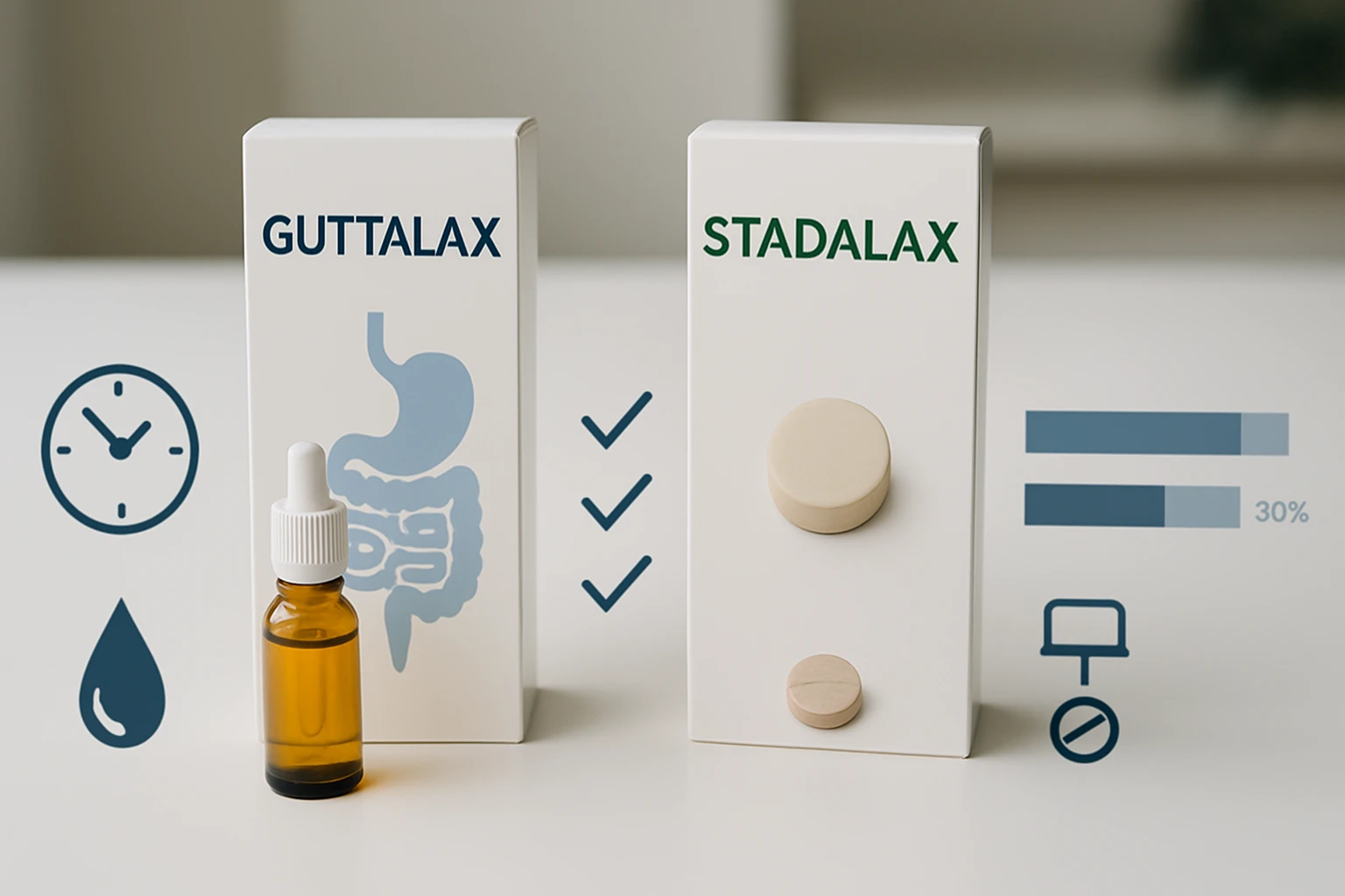 Két különböző hashajtó termék, Guttalax és Stadalax, egy asztalon.