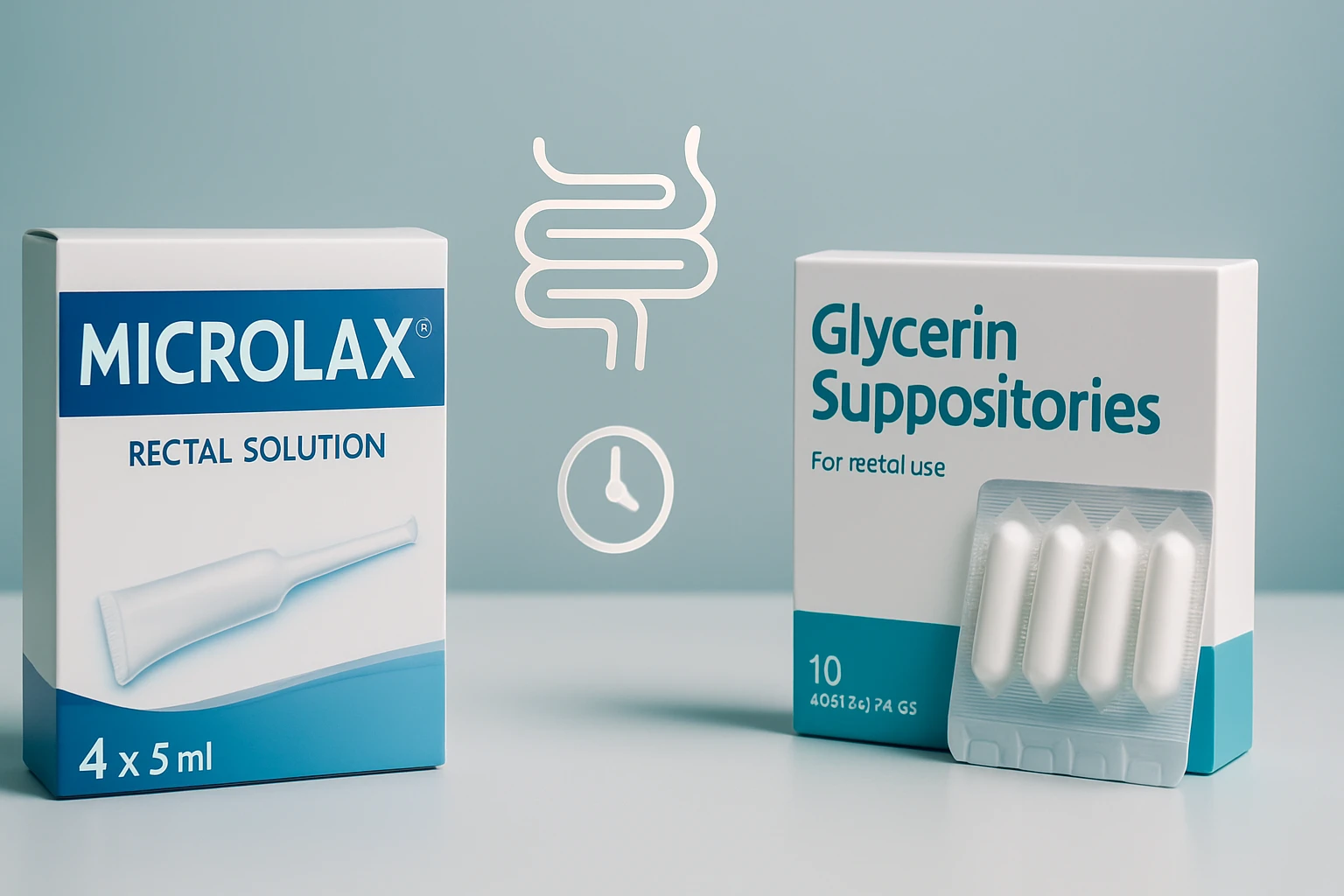 Két különböző hashajtó termék, a Microlax és a glicerin kúpok, egészségügyi kontextusban.