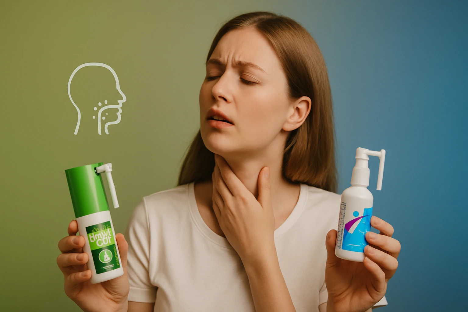 Egy nő torokfájásra utalva két különböző spray-t tart a kezében.