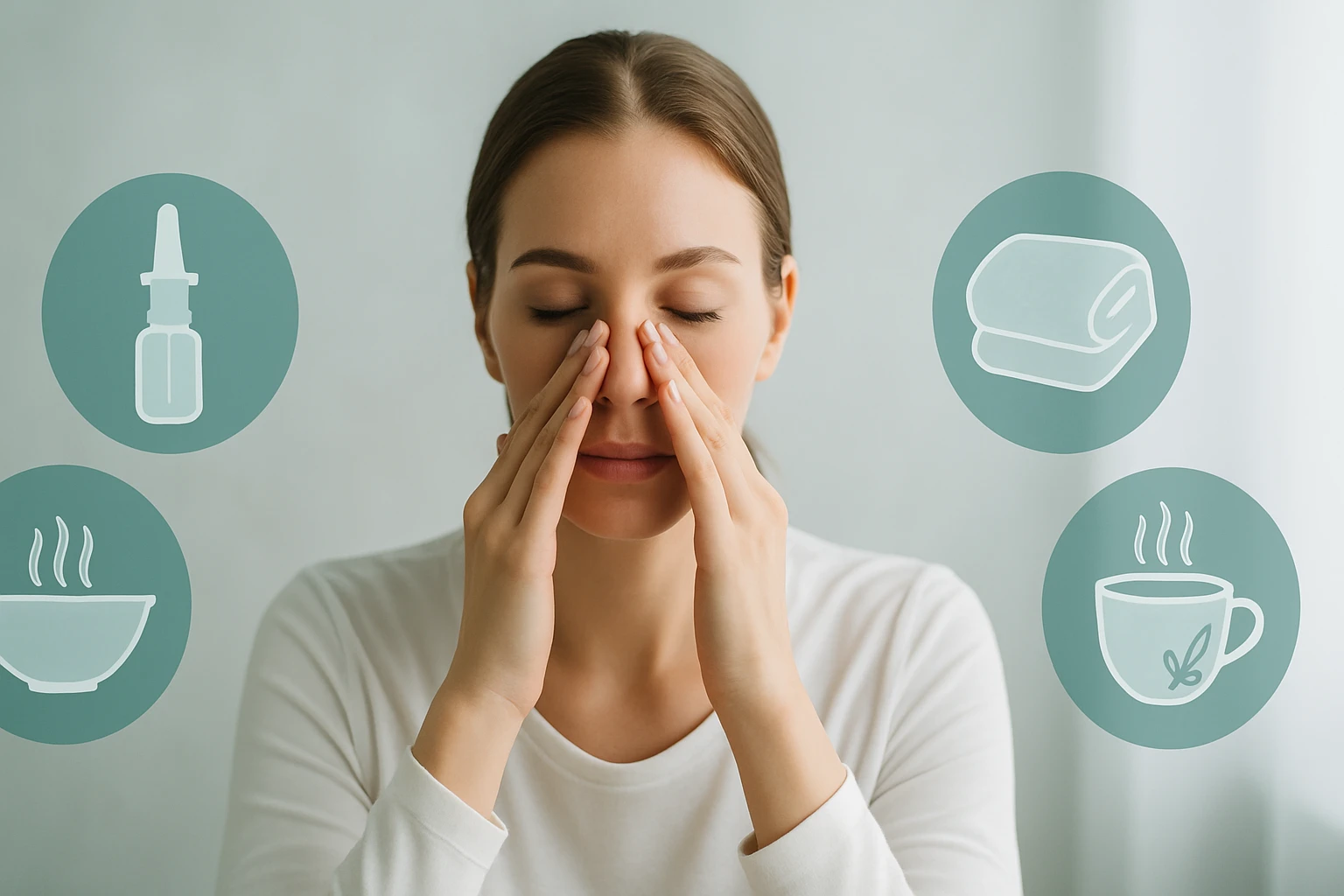 Egy nő az arcát masszírozza, körülötte egészségügyi javaslatok ikonokkal.