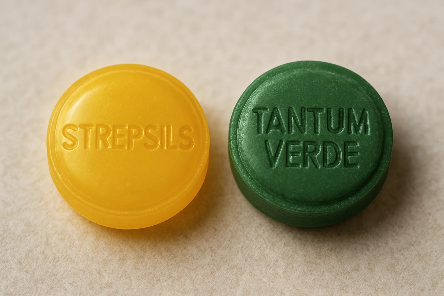 Két különböző szopogató tabletta, sárga Strepsils és zöld Tantum Verde.