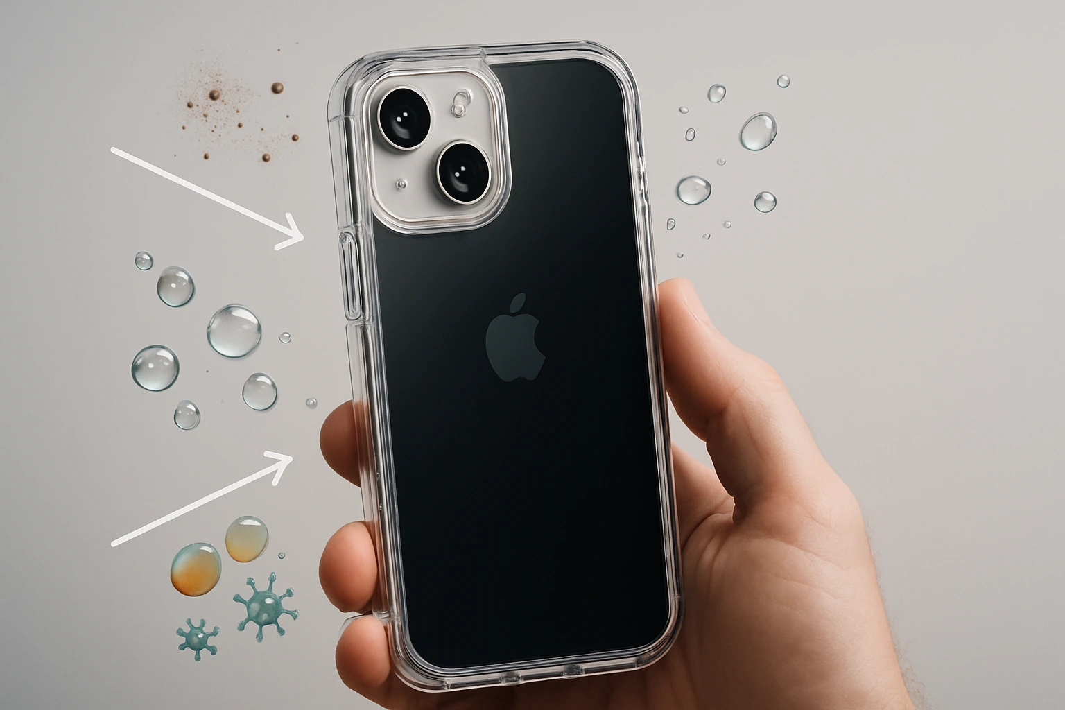 Egy kézben tartott okostelefon, vízcseppekkel és szennyeződésekkel körülvéve.