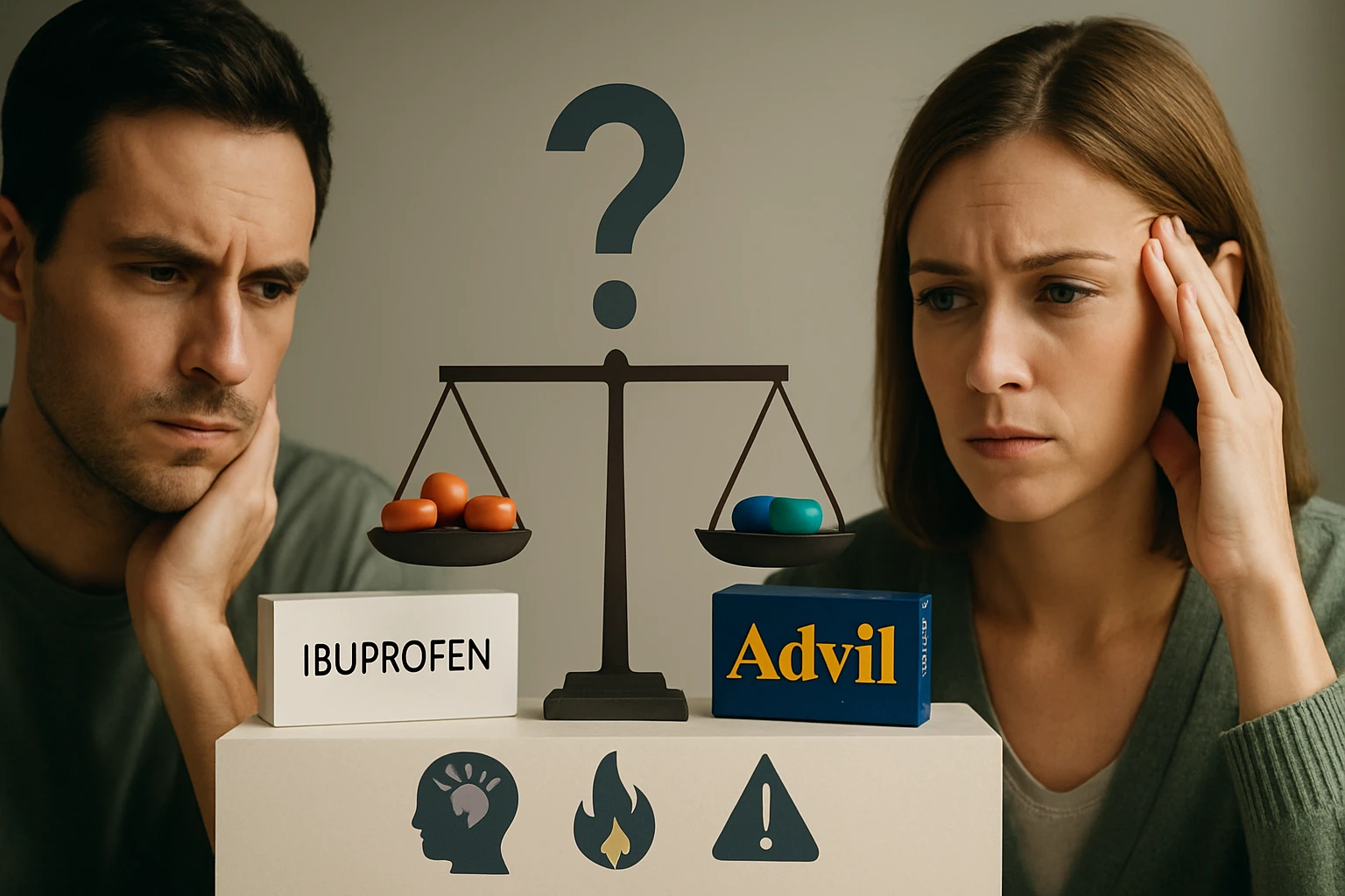 Két ember, akik ibuprofent és Advilt mérlegelnek, aggódva néznek a mérlegre.