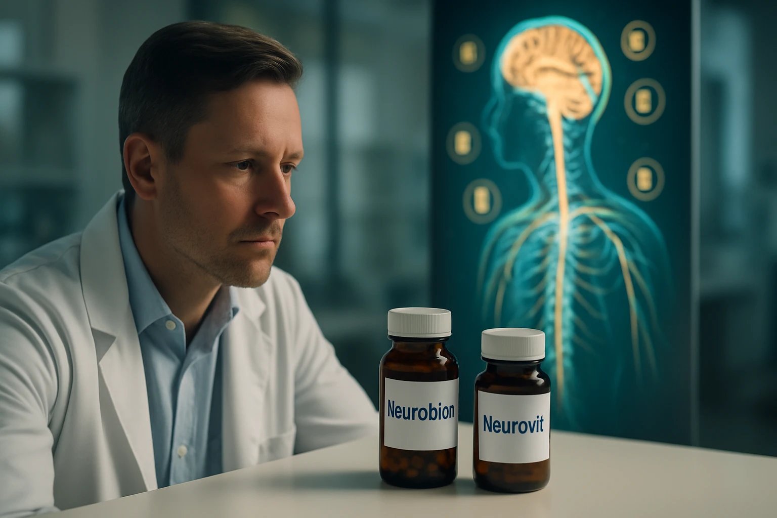 Egy orvos figyelmesen nézi a Neurobion és Neurovit gyógyszereket, háttérben idegrendszeri ábra.