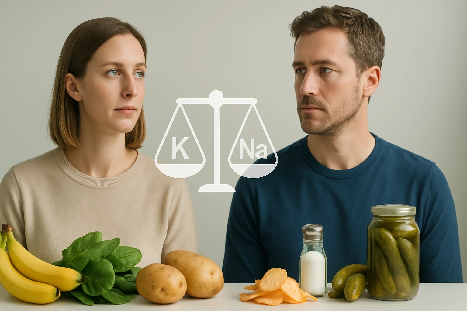 Két ember ül egy asztalnál, különböző ételek között, a kálium és nátrium egyensúlyáról beszélgetve.