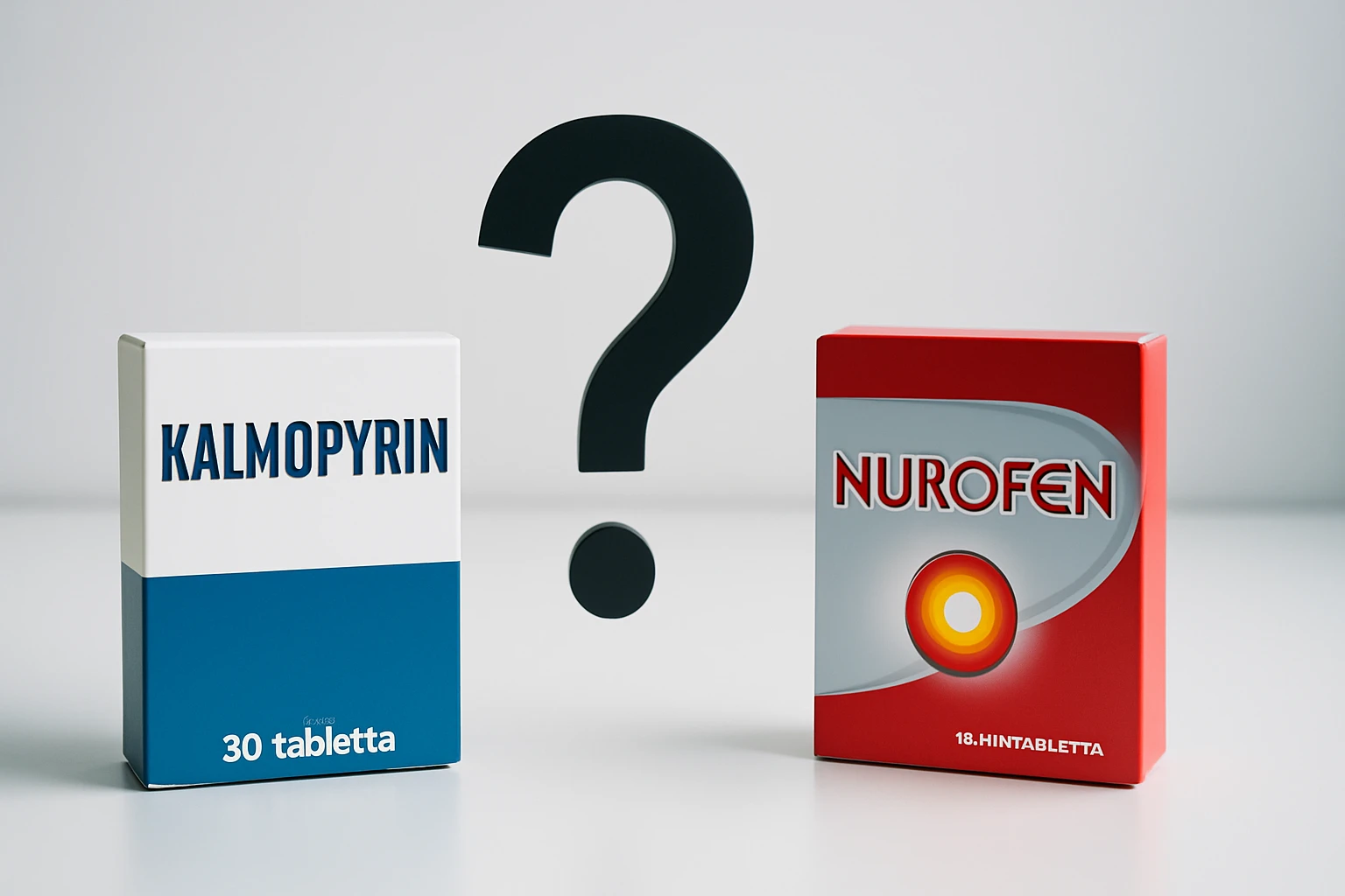 Két gyógyszer doboza, Kalmo-pyrin és Nurofen, egy kérdőjellel a középpontban.