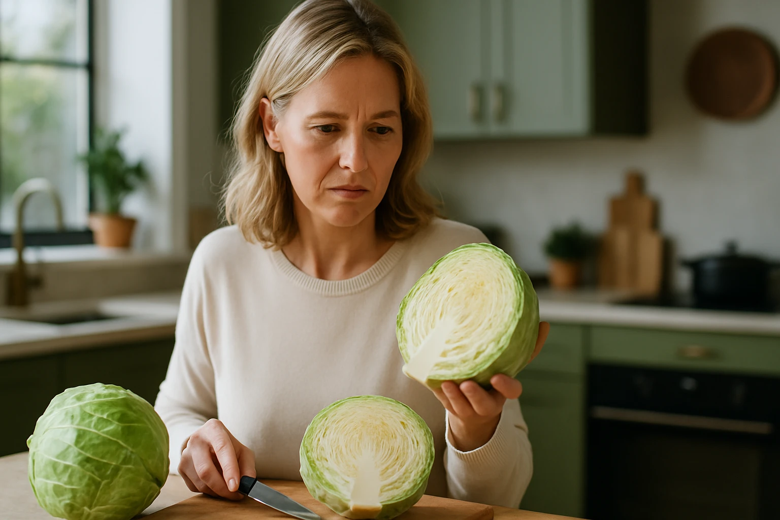 Egy nő a konyhában káposztát nézeget, miközben egy felvágott fejet tart a kezében.