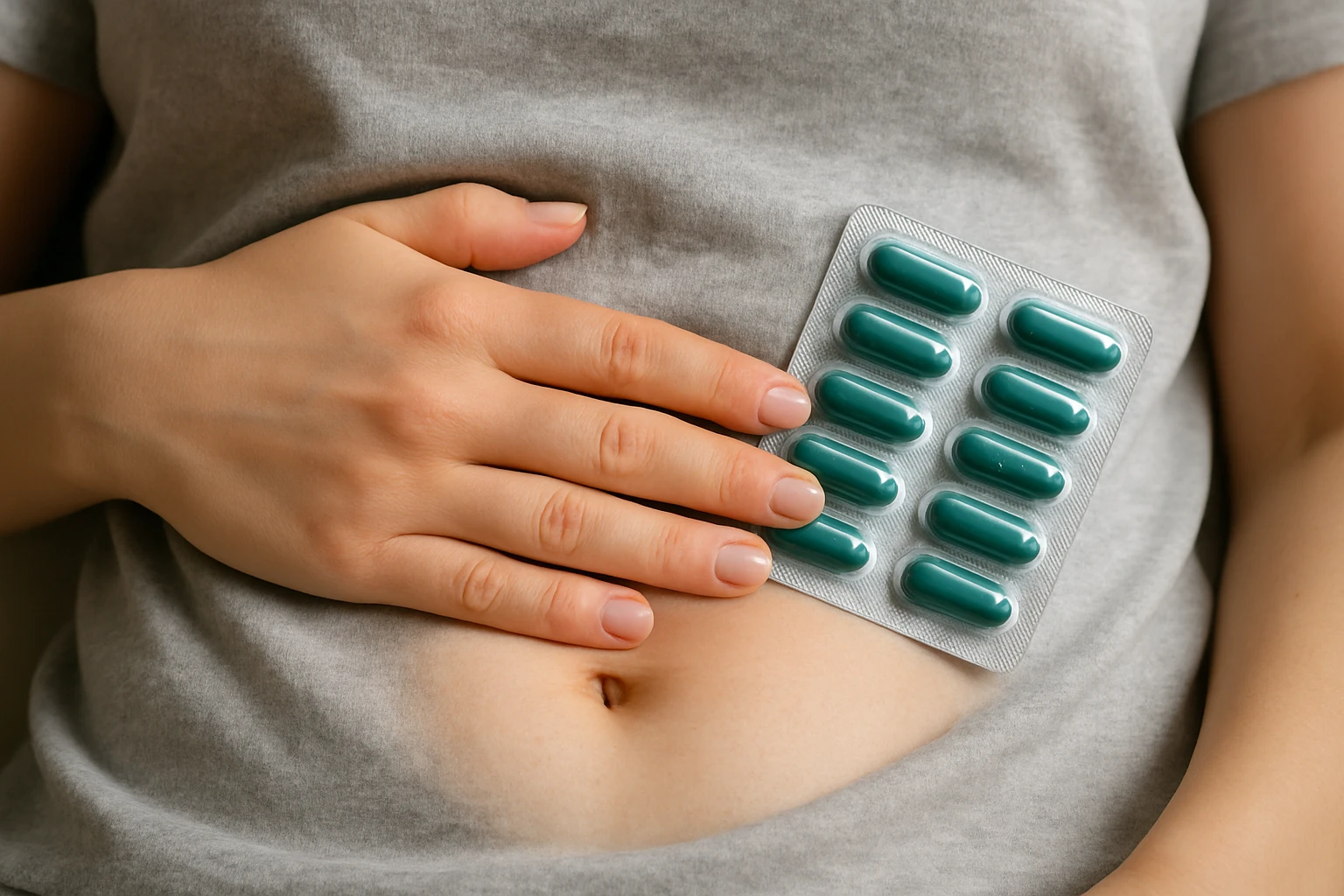 Egy nő keze a hasán, mellette zöld kapszulák egy bliszterben.