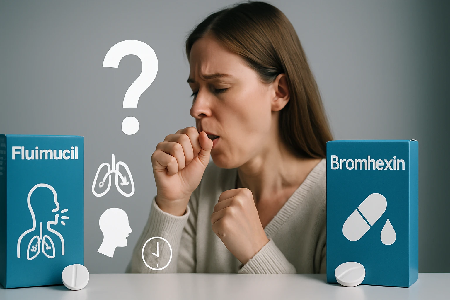 Egy nő köhög, miközben Flumicil és Bromhexin gyógyszerek dobozai láthatók mellette.