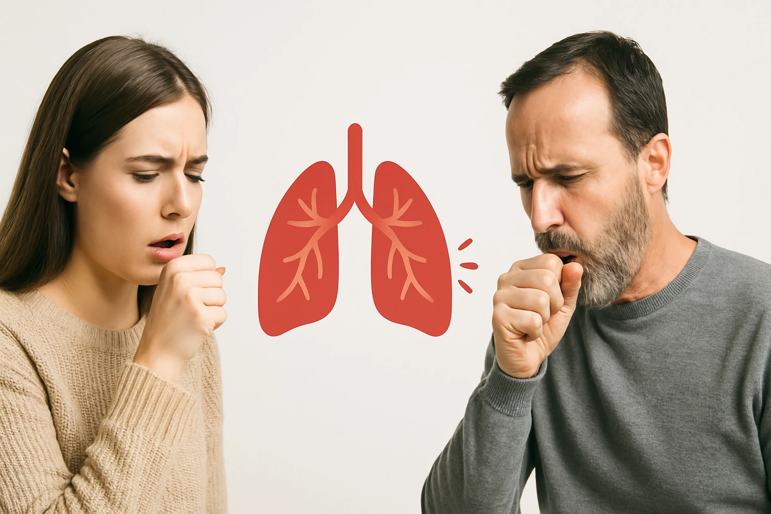 Két ember köhög, mögöttük egy stilizált tüdőábra látható.