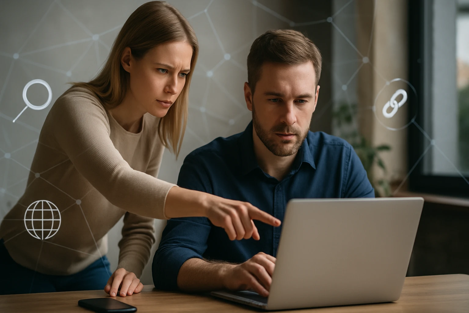 Egy nő mutat egy férfira, aki a laptopján dolgozik, koncentrált arccal.