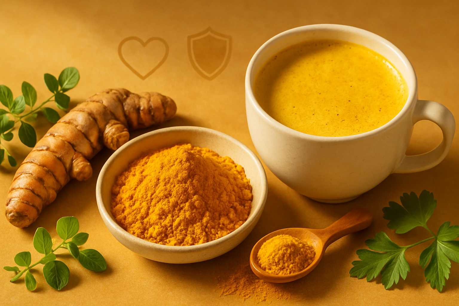 Egy csésze aranysárga kurkuma ital, mellette friss kurkuma gyökér és por.