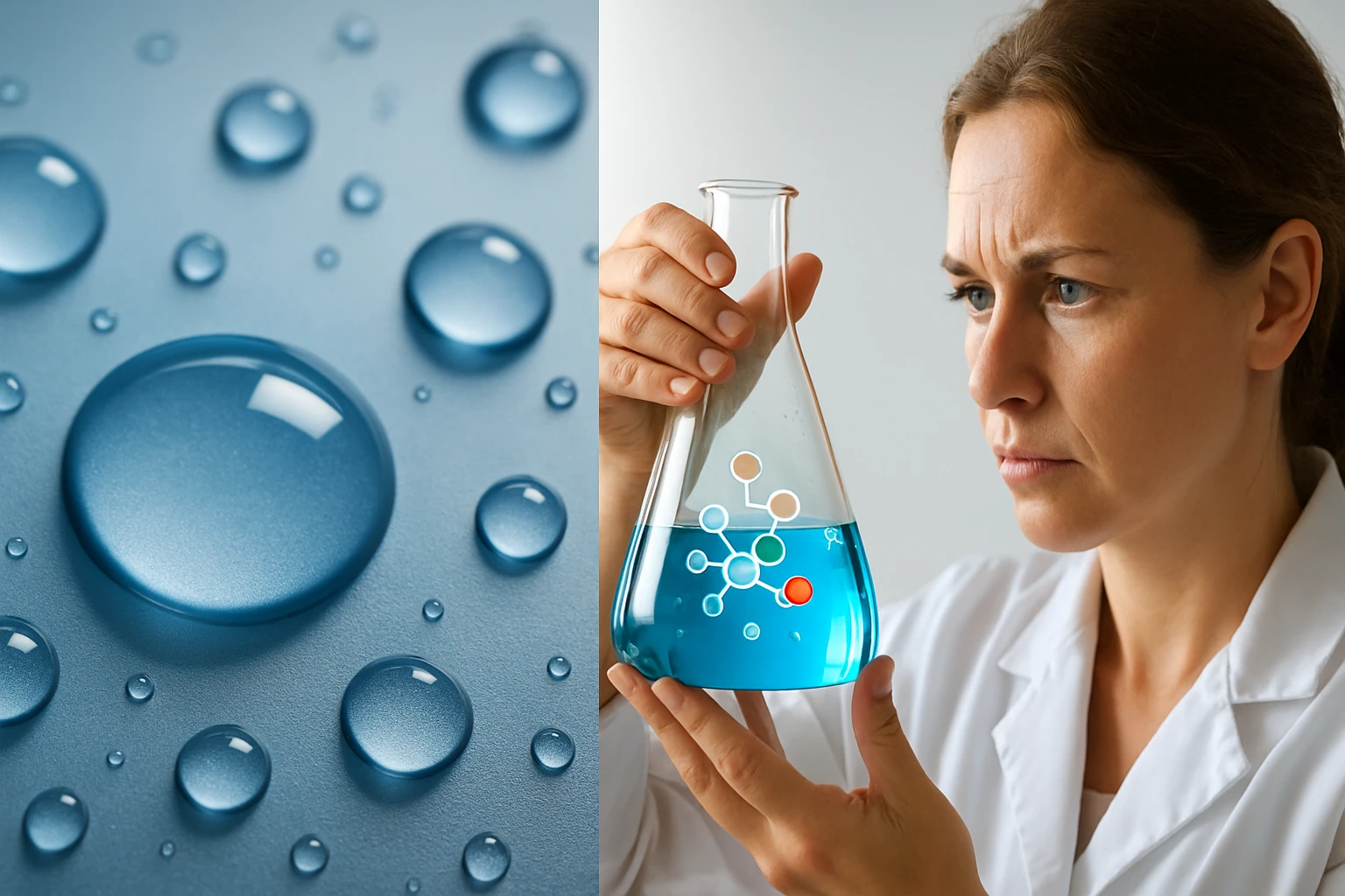 Kék folyadékot tartó nő laboratóriumban, vízcseppekkel a háttérben.