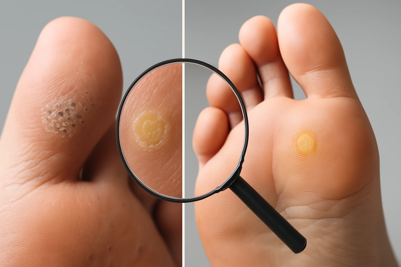 Két különböző lábujj bőrproblémája, egy tyúkszem és egy bőrkeményedés.