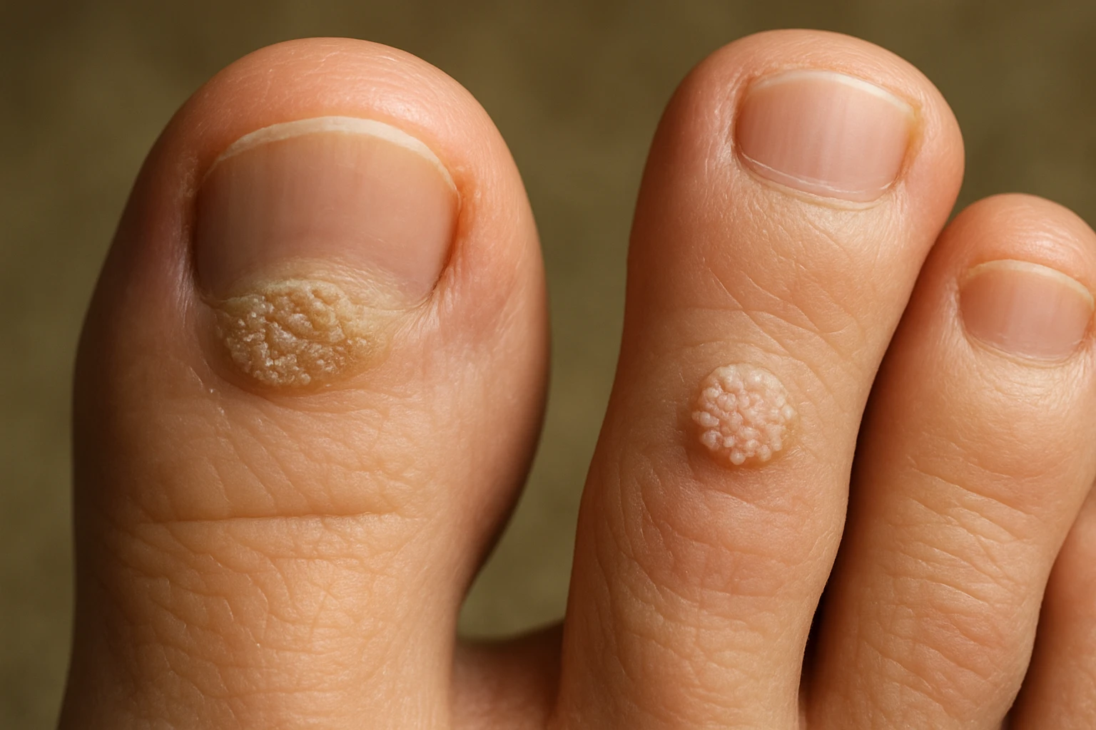 Két lábujj, az egyik bőrén szemölcsök láthatók, világos háttér előtt.