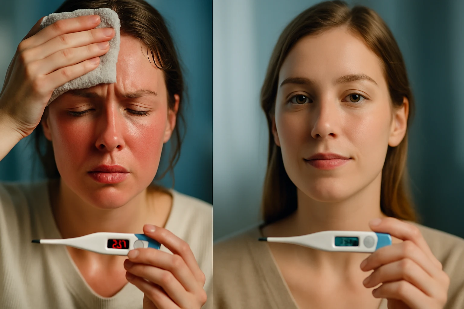 Két kép egy nőről, az egyik lázasan, a másik egészségesen mutatja a hőmérőt.