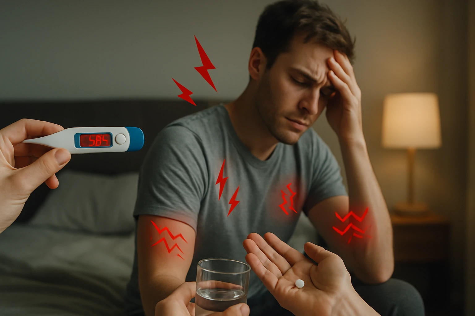 Férfi lázasan ül az ágyon, kezében vízzel és gyógyszerrel, lázmérővel mérik a hőmérsékletét.