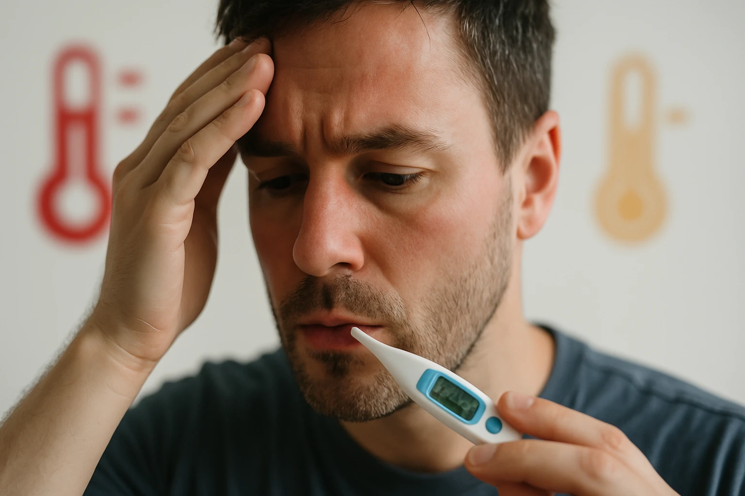 Férfi lázát méri digitális hőmérővel, aggodalommal az arcán.