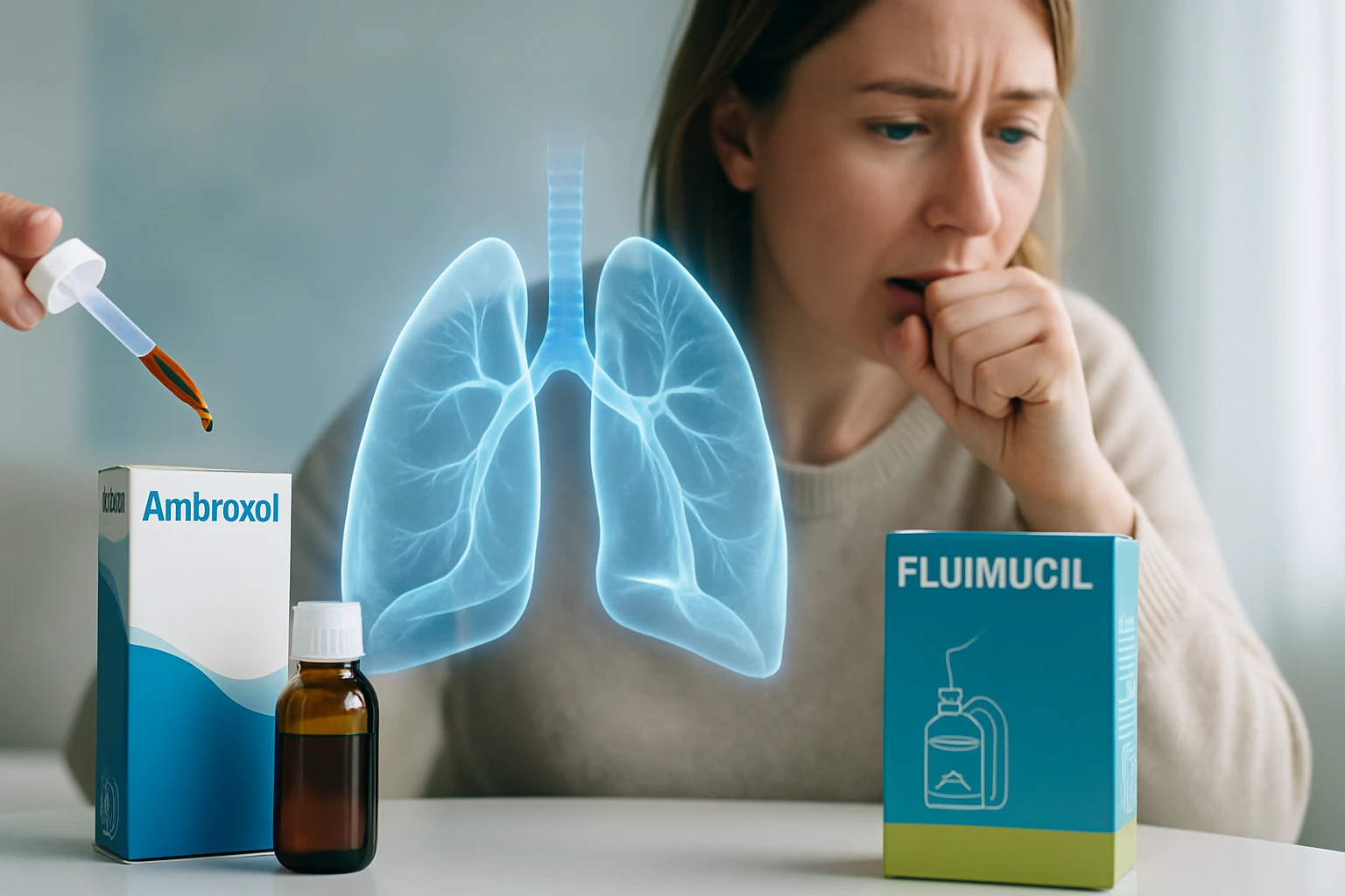 Egy nő köhög, miközben Ambroxol és Fluimucil gyógyszerek láthatók a közelében.