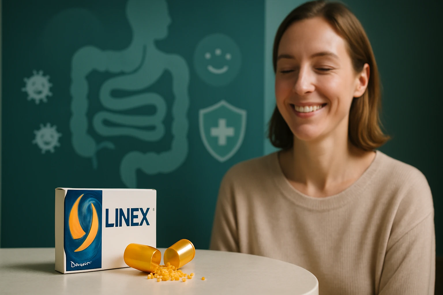 Egy nő mosolyogva ül egy asztalnál, mellette Linex doboz és kapszulák.