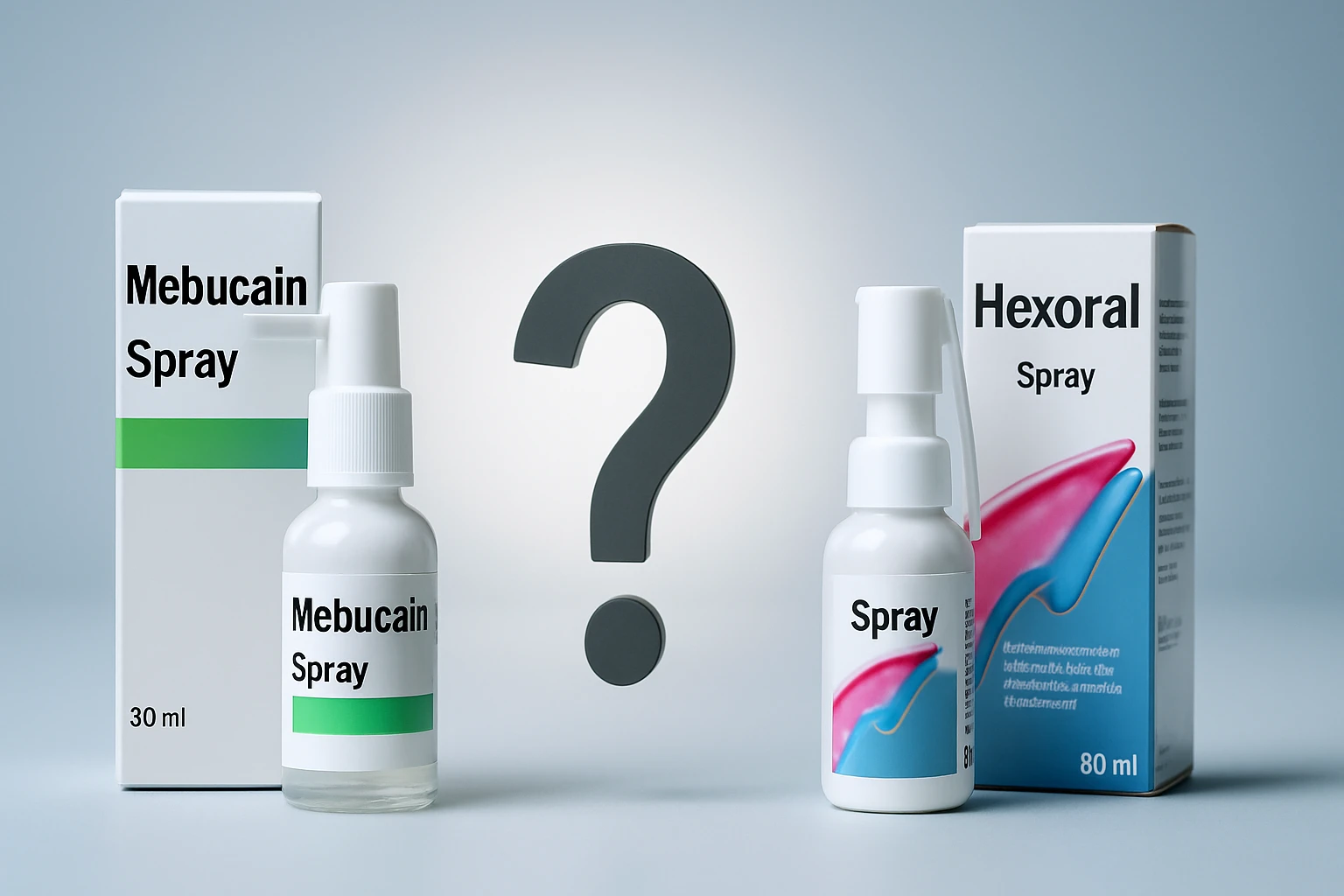 Két különböző spray, Mebucain és Hexoral, egészségügyi csomagolásban.