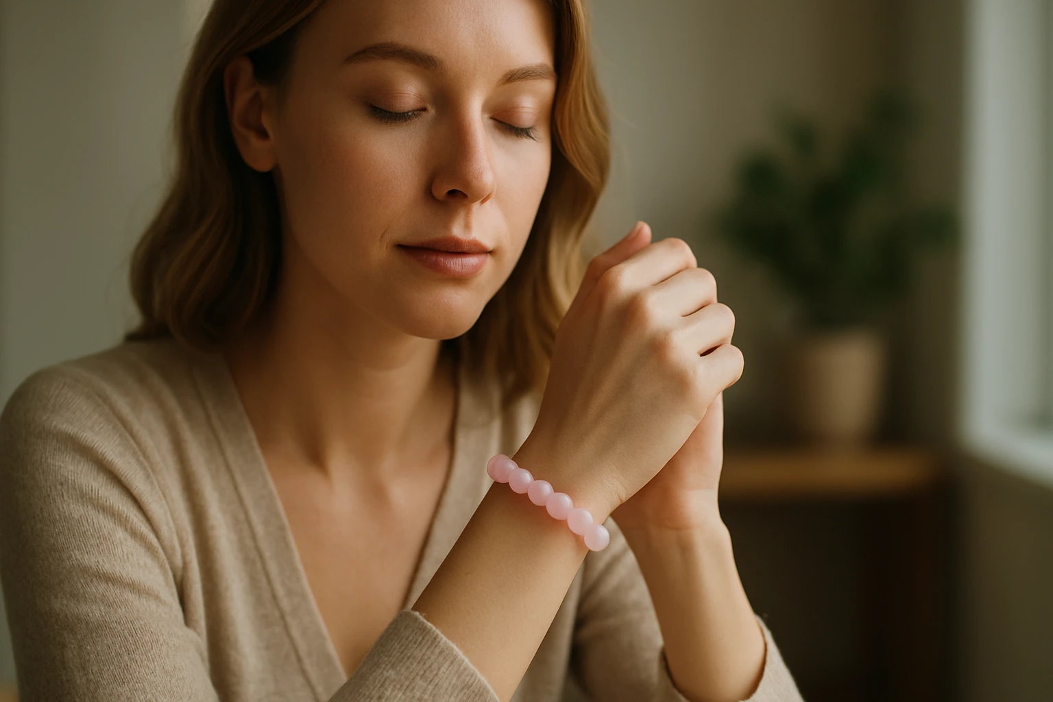 Egy fiatal nő meditál, kezén rózsaszín ásványgyöngyös karkötővel.