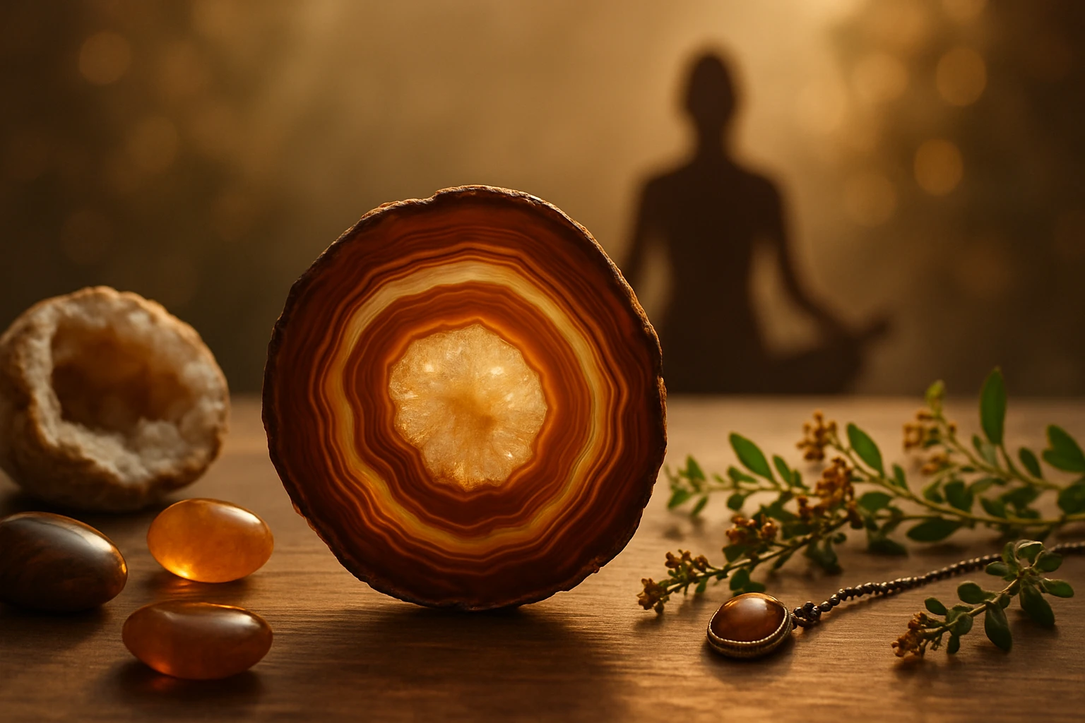 Egy színes agátkő, mellette ásványok és növények, meditáló alak háttérben.