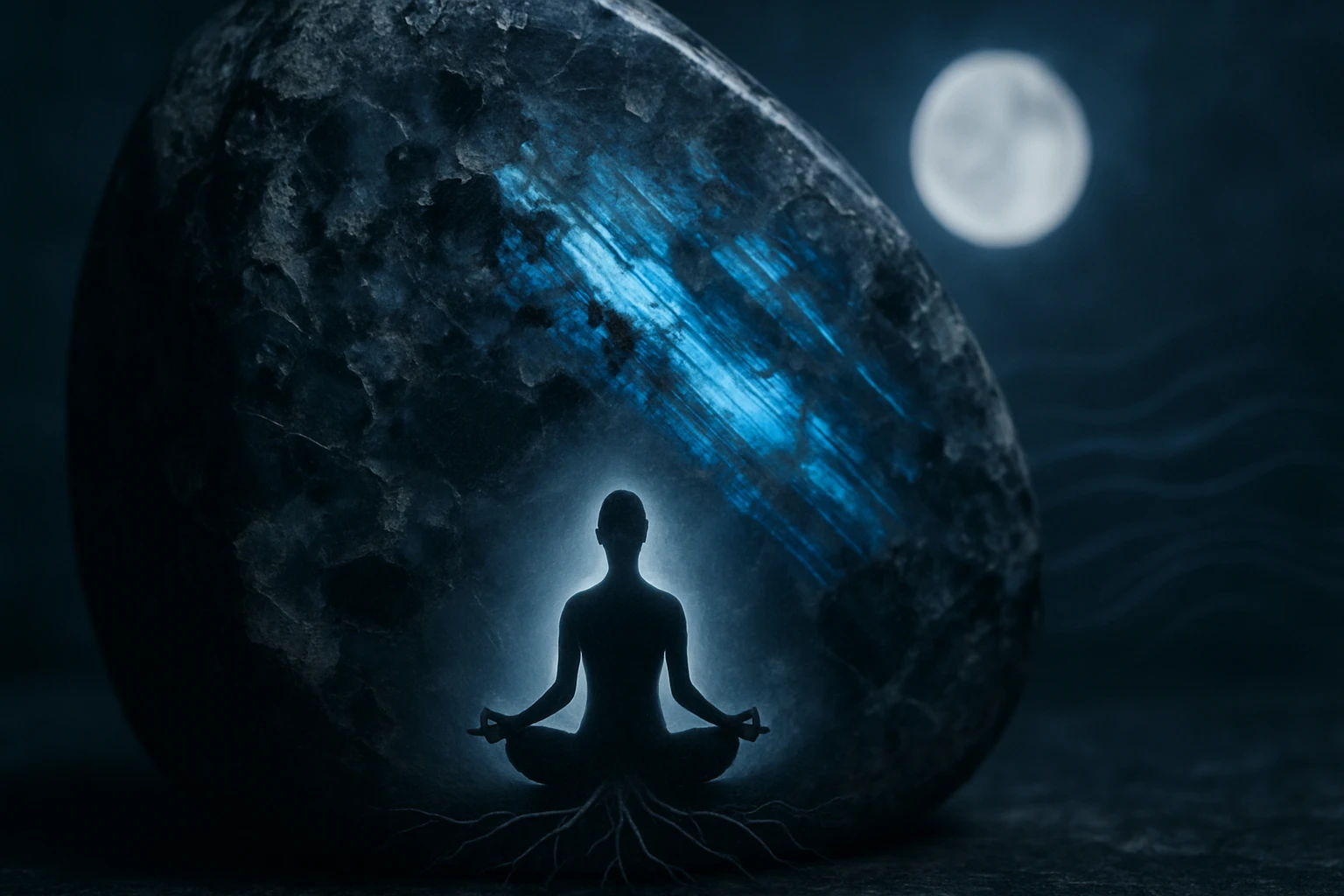 Egy meditáló figura ül egy nagy kő mögött, amelyből kék fény árad.