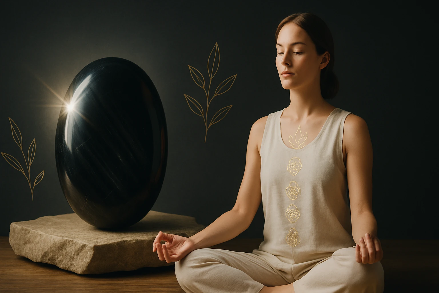 Egy fiatal nő meditál egy fekete kőtojás előtt, nyugodt környezetben.