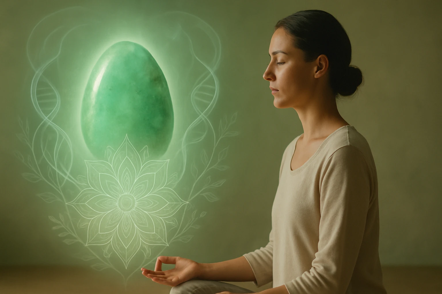 Egy nő meditál, miközben egy zöld tojás lebeg a feje felett, szimbolizálva a belső harmóniát.