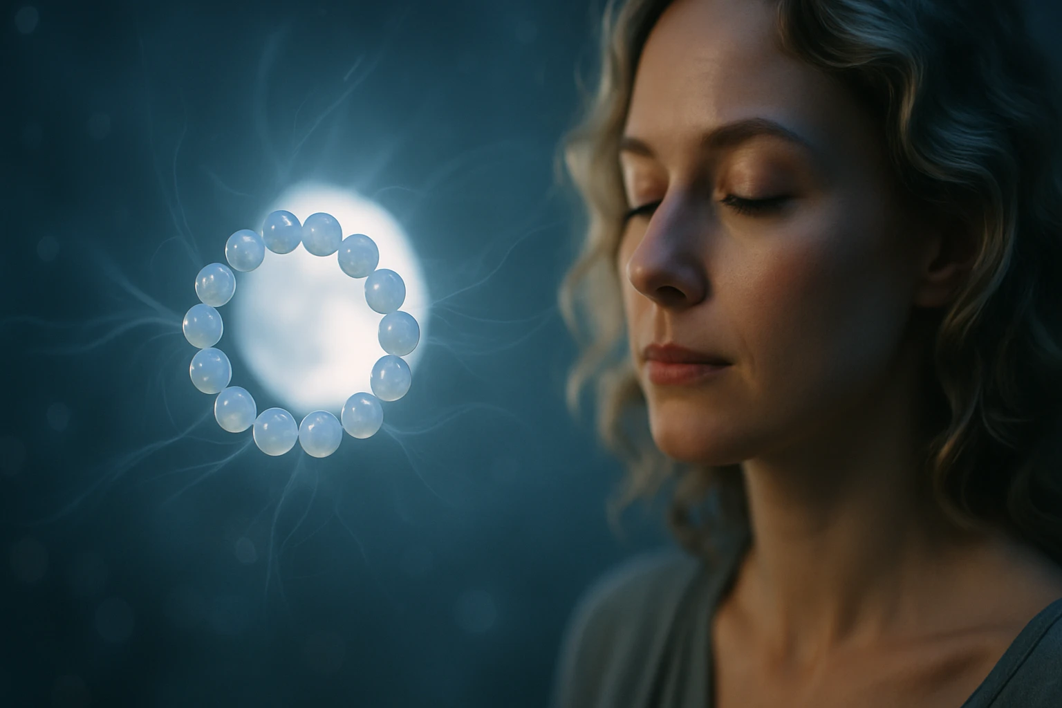 Egy nő meditál, miközben egy fénylő gyöngyökből álló kör lebeg a feje felett.