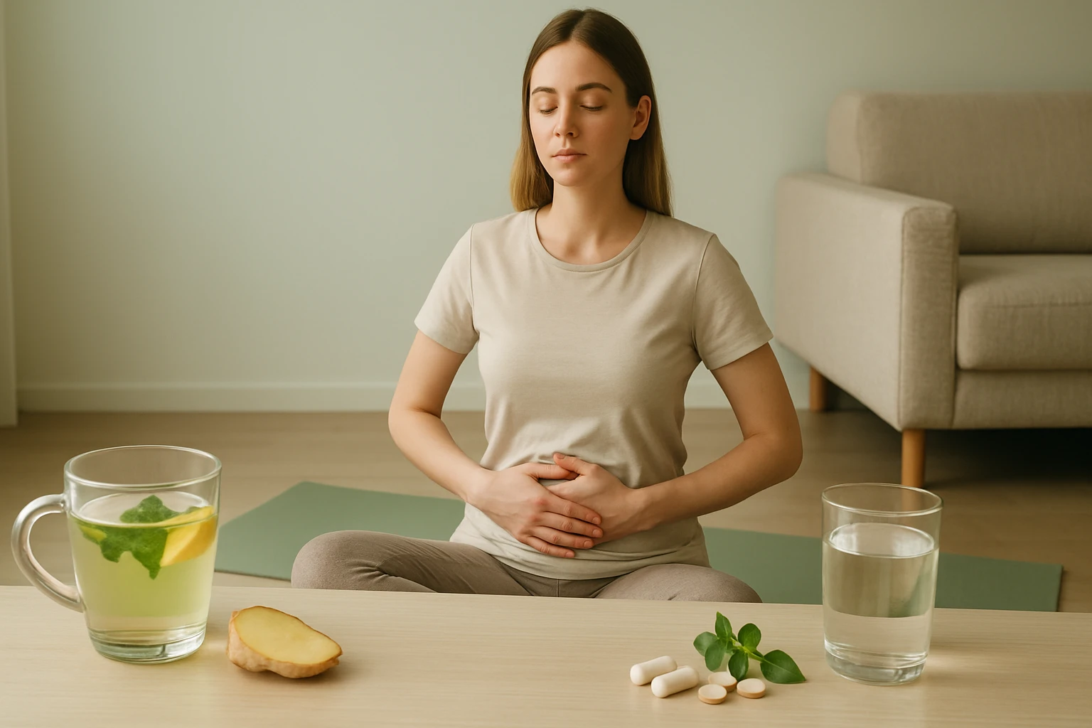Egy fiatal nő meditál, kezét a hasán tartja, mellette gyógytea és vitaminok.