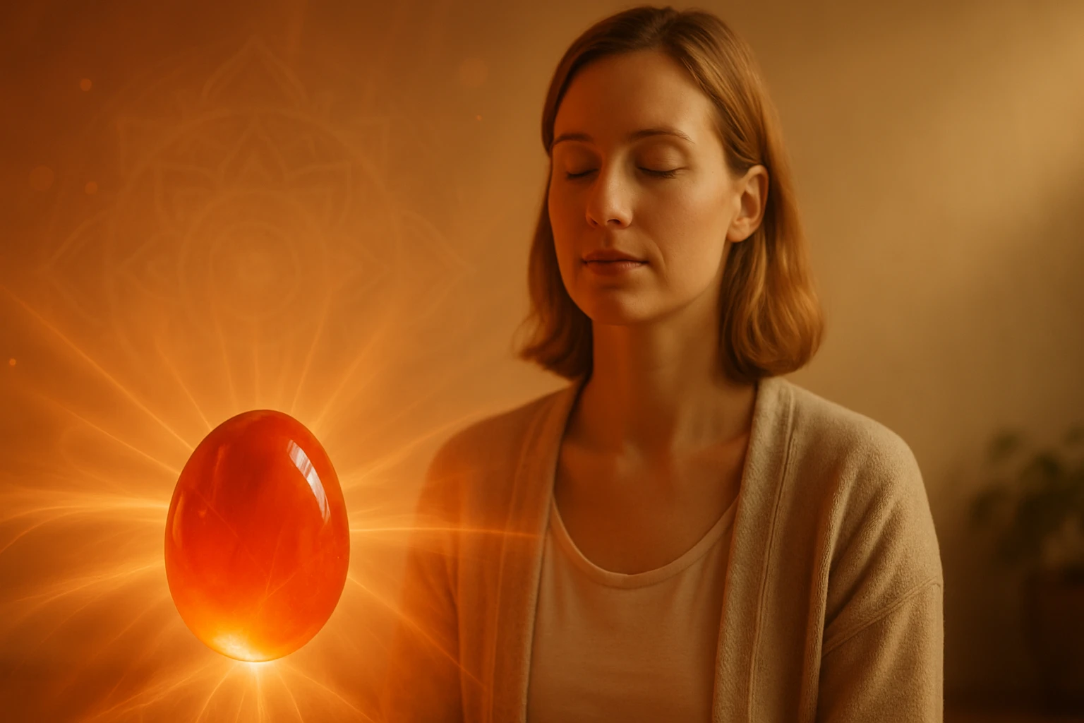 Egy nő meditál, miközben egy fénylő narancssárga tojás lebeg előtte.